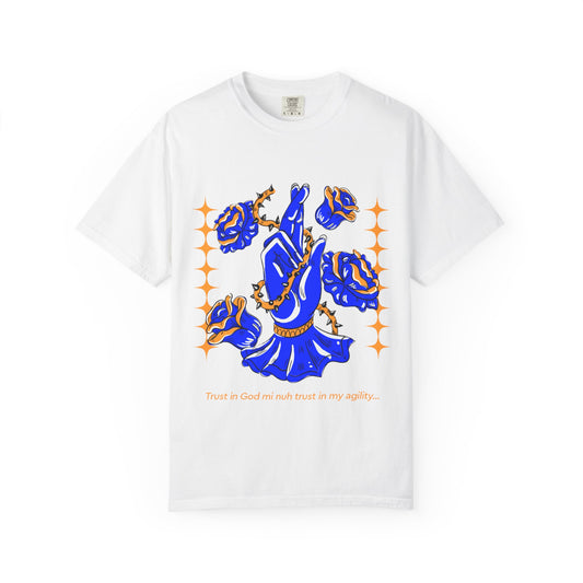 Blue Rose Hand Pose T-shirt | Floral Illustration, Script Accent