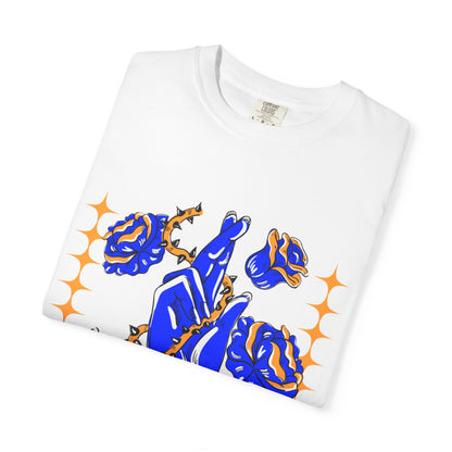 Blue Rose Hand Pose T-shirt | Floral Illustration, Script Accent