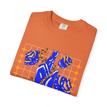 Blue Rose Hand Pose T-shirt | Floral Illustration, Script Accent