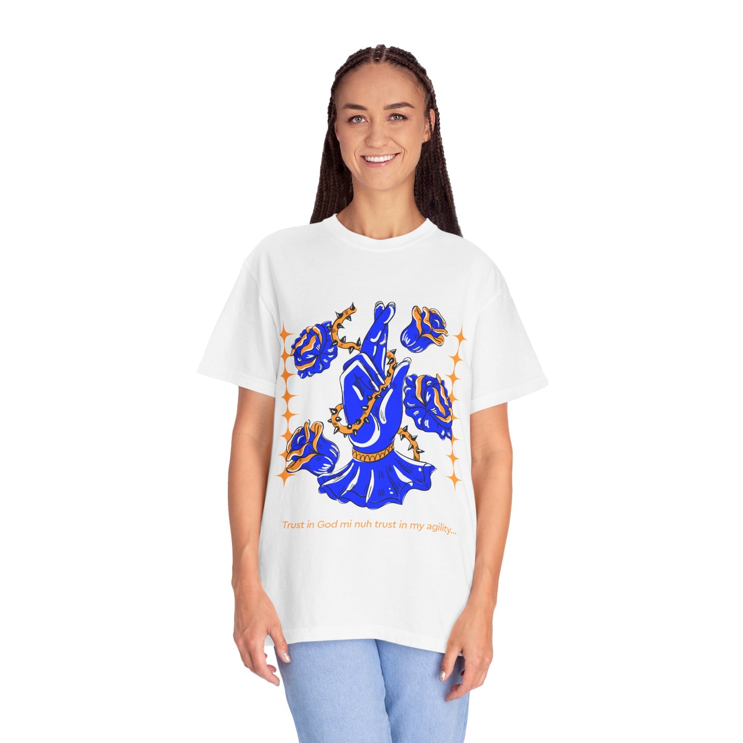 Blue Rose Hand Pose T-shirt | Floral Illustration, Script Accent