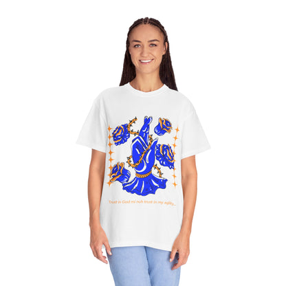 Blue Rose Hand Pose T-shirt | Floral Illustration, Script Accent
