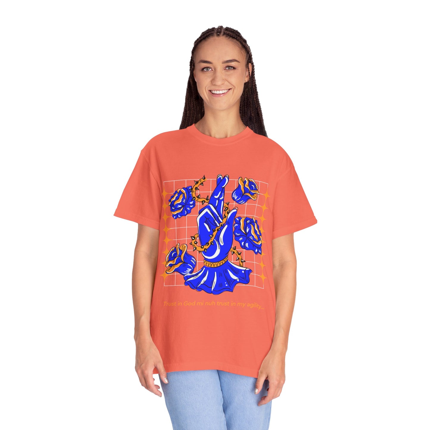 Blue Rose Hand Pose T-shirt | Floral Illustration, Script Accent