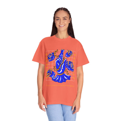 Blue Rose Hand Pose T-shirt | Floral Illustration, Script Accent