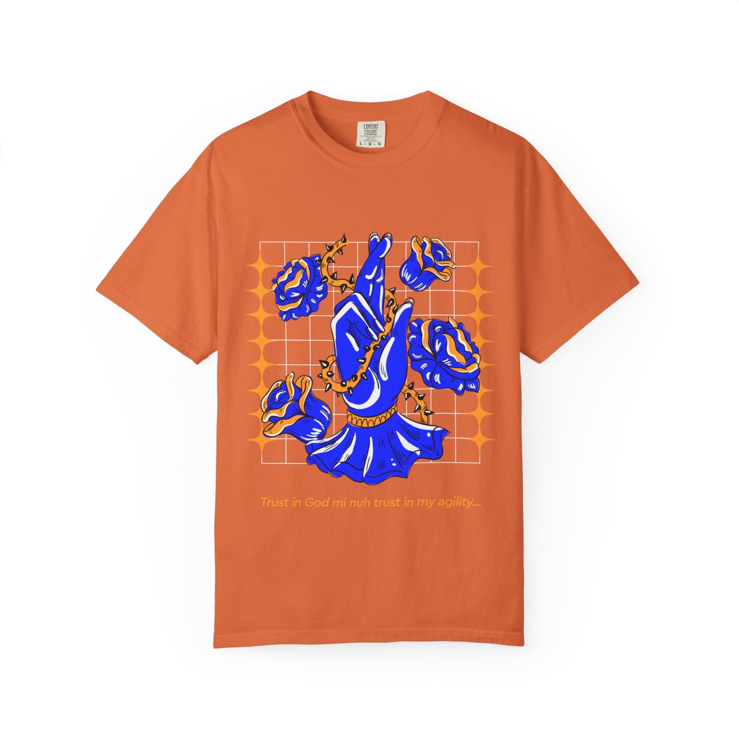 Blue Rose Hand Pose T-shirt | Floral Illustration, Script Accent
